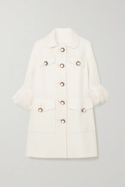 Andrew Gn Feather-trimmed Wool-blend Tweed Coat In Open White