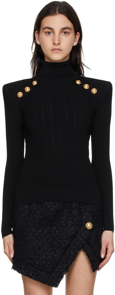 Balmain Button-embellished Ribbed-knit Turtleneck Sweater In Black