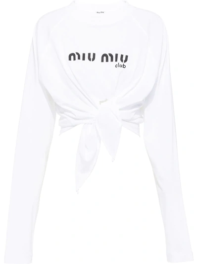 Miu Miu Womens Bianco Logo-print Tie-waist Cotton-jersey Top Xs In White
