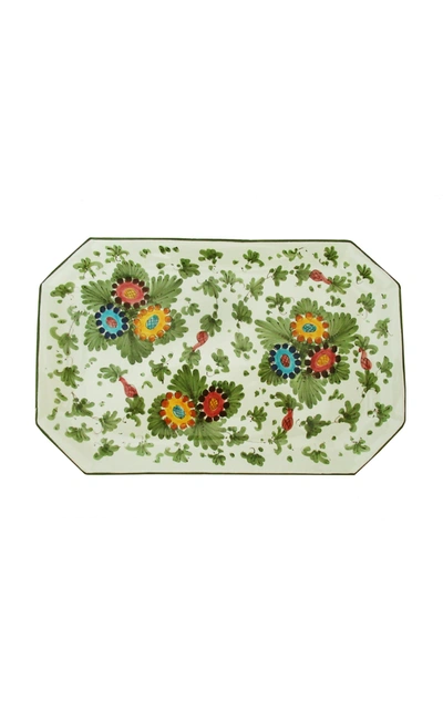 Moda Domus Fiorito By ; Handhandpainted Ceramic Rectangular Tray In Green
