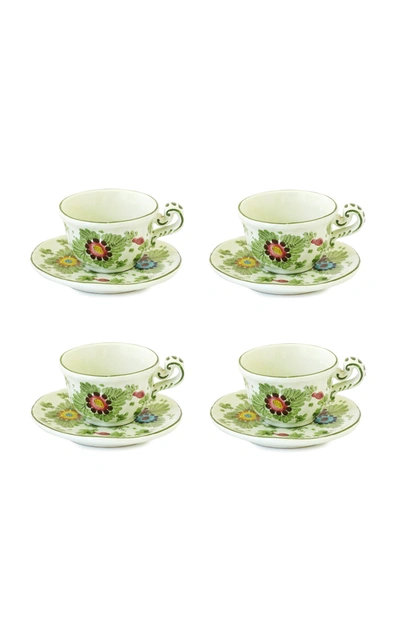 Moda Domus Fiorito By ; Set-of-four Hand-painted Ceramic Coffee Cup And Saucer In Green