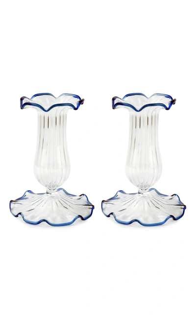 Moda Domus Set-of-two Small Scalloped Glass Candle Sticks In Blue