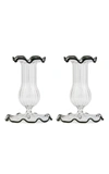 Moda Domus Set-of-two Small Scalloped Glass Candle Sticks In Blue,green