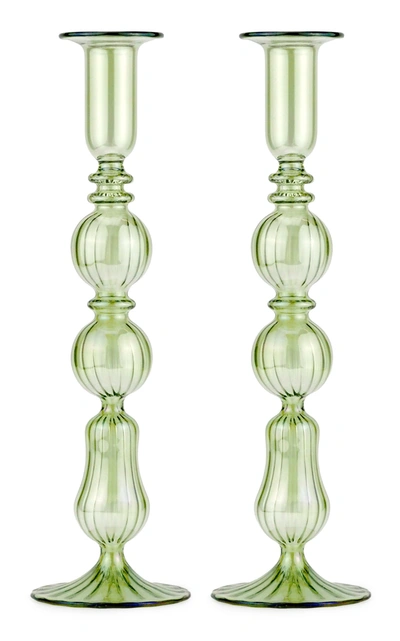 Moda Domus Set-of-two Tall Glass Candle Sticks In Green