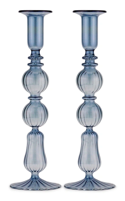 Moda Domus Set-of-two Tall Glass Candle Sticks In Blue