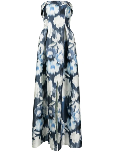 Sachin & Babi Strapless Ikat Floral-print Mikado Gown In Blue