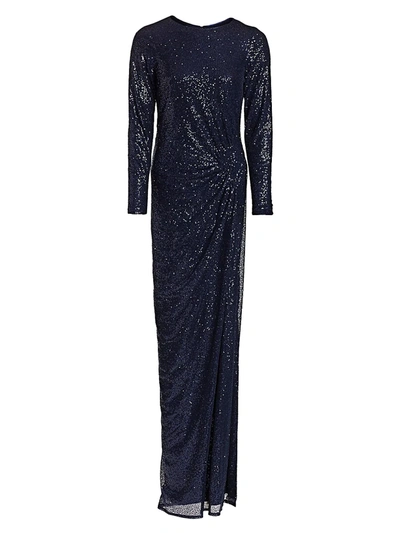 Teri Jon By Rickie Freeman Women's Ruched Sequin Gown In Navy