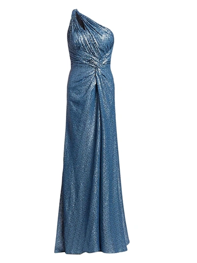 Rene Ruiz Collection One-shoulder Sequin Mesh Gown In Slate Blue