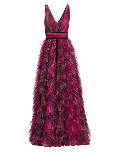 Marchesa Notte V-neck Printed Textured Tulle Gown In Plum