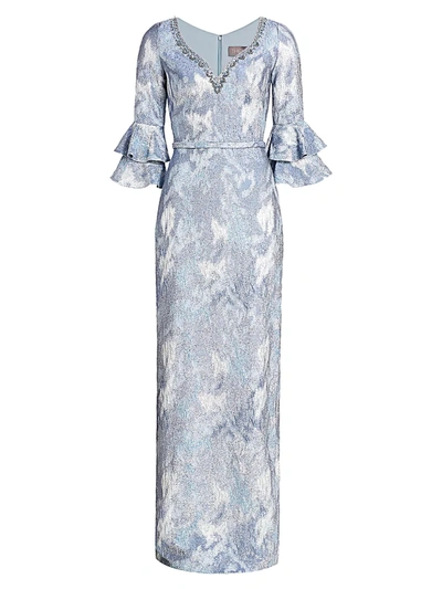 Theia V-neck Floral Column Gown In Misty
