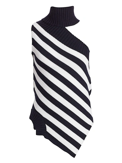Monse Women's One-shoulder Striped Wool Turtleneck Top In Midnight