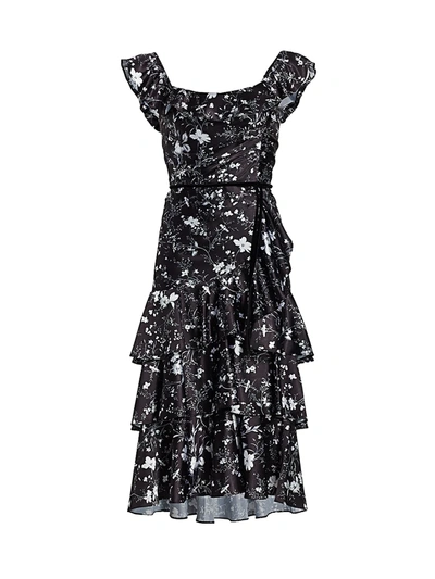 Marchesa Notte Floral Flutter-sleeve Ruffle Dress In Black