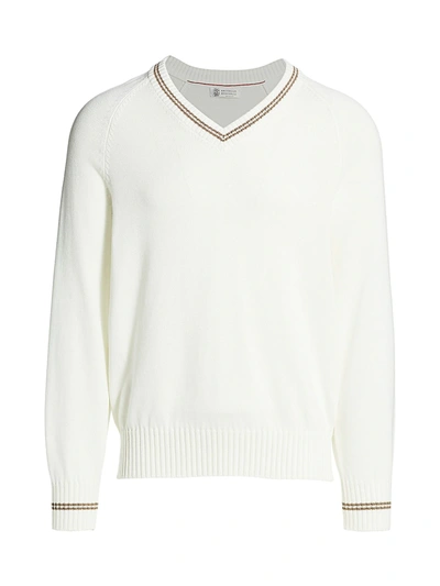 Brunello Cucinelli Men's Tipping V-neck Sweater In Off White