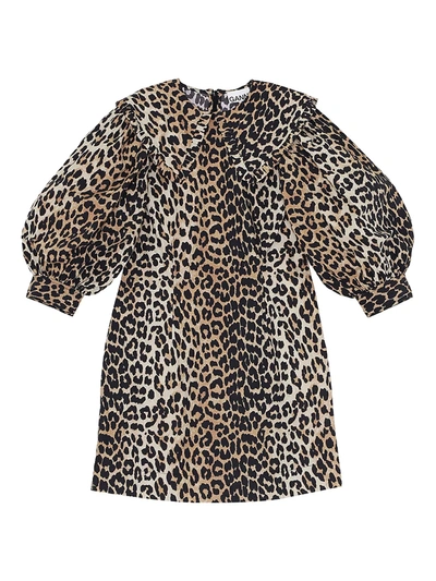 Ganni Printed Cotton Poplin Dress With Collar In Maxi Leopard