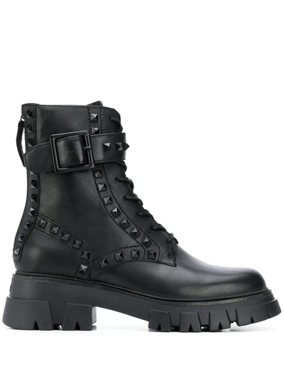 Ash Women's Lewis Studs Leather Combat Boots In Black