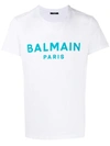 Balmain Men's Flocked-logo T-shirt In White,blue