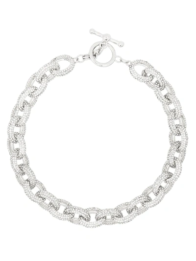 Kenneth Jay Lane Silver Tone Crystal Oval Chain Link Necklace