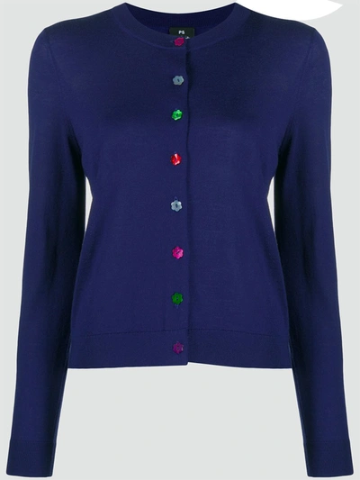 Ps By Paul Smith Floral-button Round-neck Cardigan In Blue