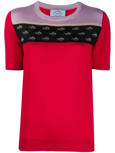 Pre-owned Prada Floral Intarsia Knitted Top In Red