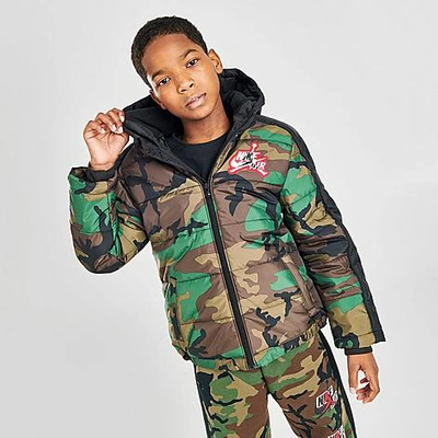 Nike Kids' Jordan Boys' Jumpman Classics Mashup Logo Camo Puffer Jacket In Green/brown