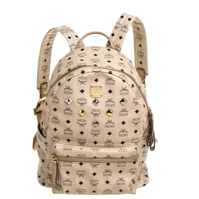 Pre-owned Mcm Light Beige Visetos Coated Canvas And Leather Studded Stark Backpack