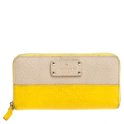 Pre-owned Kate Spade Yellow/beige Leather Grove Court Lacey Zip Around Wallet