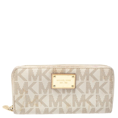 Pre-owned Michael Kors White Monogram Coated Canvas Zip Around Wallet