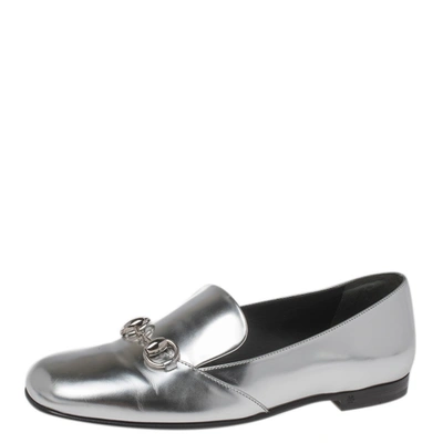 Pre-owned Gucci Silver Foil Leather Kira Horsebit Loafers Size 36.5