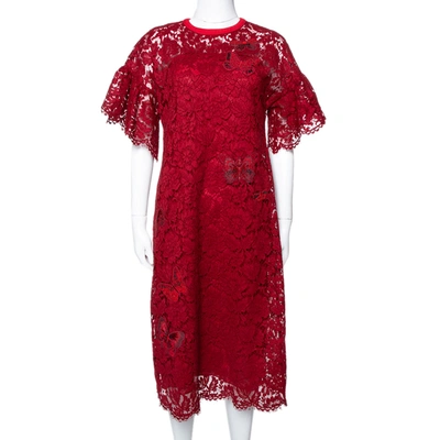 Pre-owned Valentino Red Lace Butterfly Appliqued Sheath Dress S