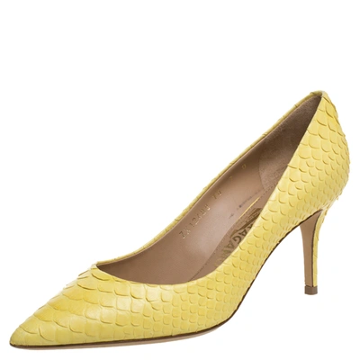 Pre-owned Ferragamo Yellow Python Susi Pointed Toe Pumps Size 37.5