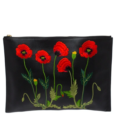 Pre-owned Stella Mccartney Black Floral Embroidered Faux Leather Botanical Zip Clutch