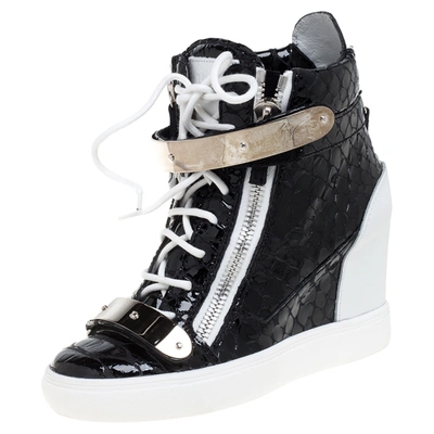 Pre-owned Giuseppe Zanotti Black Python Embossed Patent Leather Lorenz Wedge High Top Sneakers Size 38