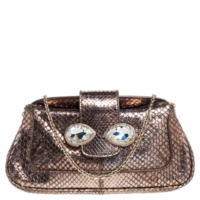 Pre-owned Tod's Metallic Bronze Snakeskin Crystal Embellished Lock Chain Clutch