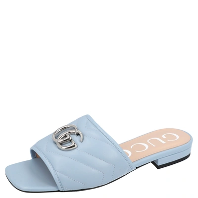 Pre-owned Gucci Light Blue Leather Double G Slide Sandal Size 36