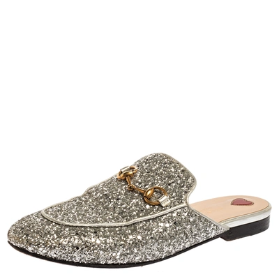 Pre-owned Gucci Silver Glitter Leather Princetown Flat Mule Size 37.5