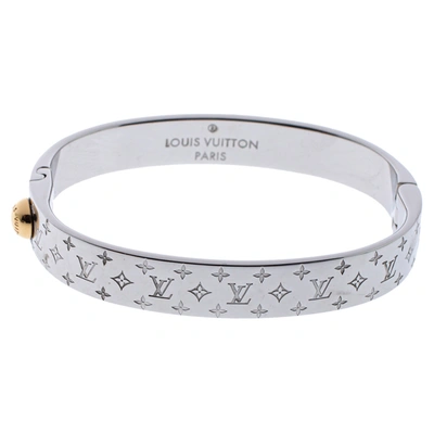 Pre-owned Louis Vuitton Palladium Finish Nanogram Cuff Bracelet S In Silver