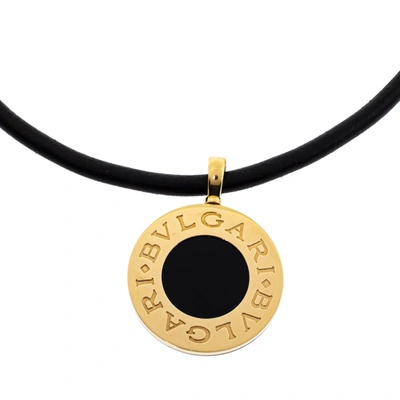 Pre-owned Bvlgari Black Onyx 18k Yellow Gold & Stainless Steel Reversible Pendant Leather Necklace