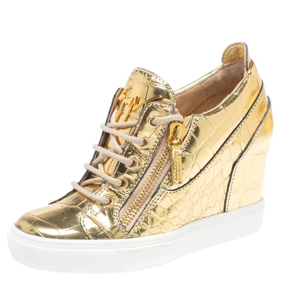 Pre-owned Giuseppe Zanotti Gold Croc Embossed Leather Double Zip Wedge Sneakers Size 37