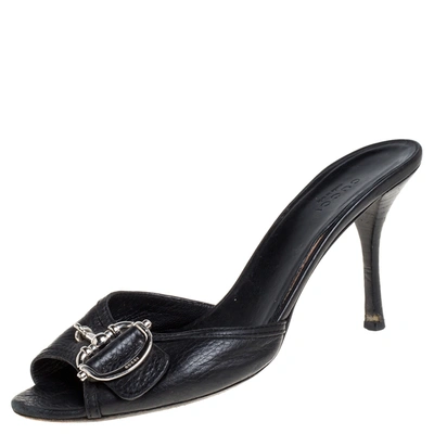 Pre-owned Gucci Black Leather Horsebit Mule Slide Sandals Size 38
