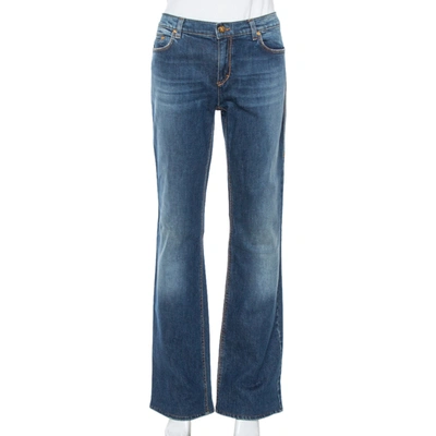 Pre-owned Roberto Cavalli Blue Denim Flock Pocket Straight Leg Jeans L