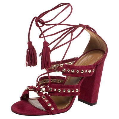 Pre-owned Aquazzura Burgundy Suede Leather Tulum Fringe Detail Studded Ankle Wrap Sandals Size 38