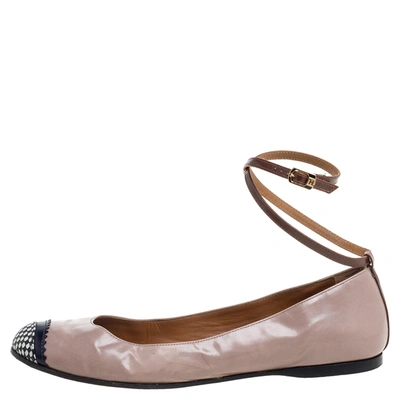 Pre-owned Fendi Nude Patent Leather Ankle Strap Ballet Flats Size 39 In Beige