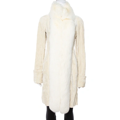 Pre-owned Celine Cream Velvet Fox Fur Lined Coat M