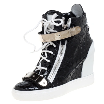 Pre-owned Giuseppe Zanotti Black Python Embossed Patent Leather Lorenz Wedge High Top Sneakers Size 37