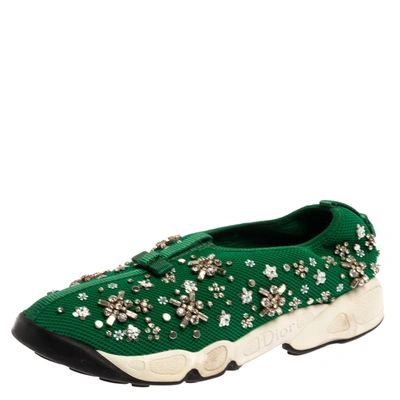 Pre-owned Dior Green Embellished Mesh Fusion Low Top Trainers 38.5