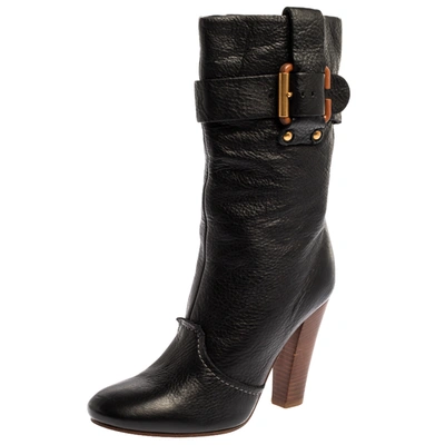 Pre-owned Chloé Black Leather Mid-calf Buckle Boots Size 38