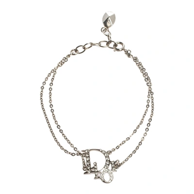 Pre-owned Dior Crystal Logo Silver Tone Double Chain Bracelet
