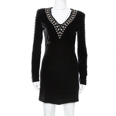Pre-owned Balmain Black Velvet Studded Mini Dress M