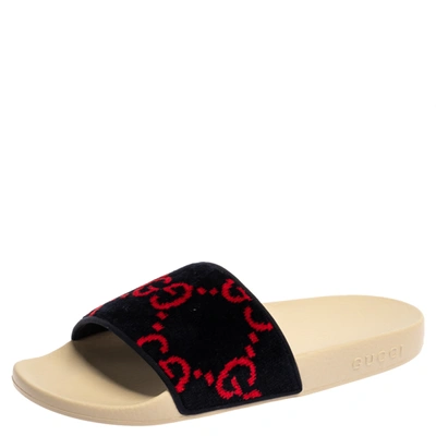 Pre-owned Gucci Blue/red Velvet Monogram Slide Sandals Size 39