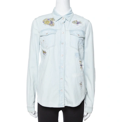 Pre-owned Roberto Cavalli Light Blue Distressed Denim Patch Detail Shirt S